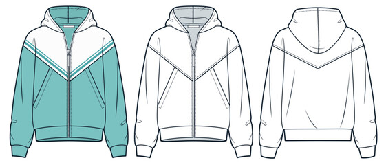 Zipped Jacket technical fashion illustration. Hooded Sweatshirt fashion flat technical drawing template, pockets, oversize, front  and back view, white, green, women, men, unisex Top CAD mockup set.