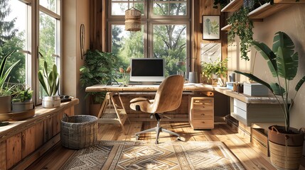Fototapeta premium A cozy home office with rustic wooden furniture, a desk with a computer, and a variety of plants. The room is flooded with natural light from a large window.