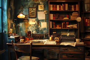 A cozy vintage writing desk with a typewriter, lamp, and books. The room has a warm, inviting atmosphere.