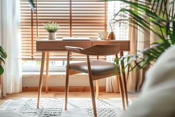 Fototapeta premium A minimalist home office with a wooden desk, chair, and plants. Natural light streams in from the window.