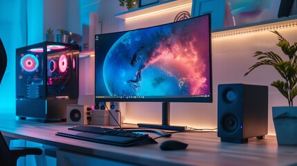 A modern gaming setup with a large monitor, RGB lights, and a sleek computer tower.