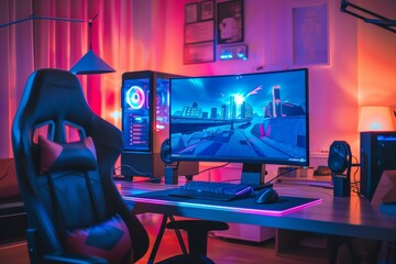 A modern gaming setup with a curved monitor, RGB lighting, and a comfortable gaming chair