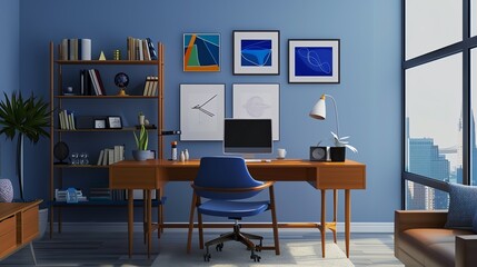 A modern home office with a blue and brown color scheme, featuring a desk, chair, and bookshelf.  The room has large windows with a city view.