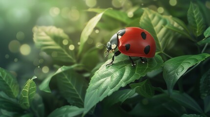 Vivid red ladybug perched on a vibrant green leaf, lifelike image with gentle focus