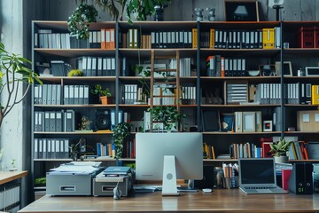 A modern office workspace with a computer, printer, and a large bookshelf filled with folders and books.