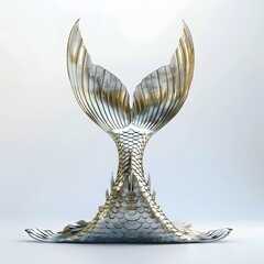 Majestic Golden and Silver Mermaid Tail Statue with Intricate Fin Design on Light Background