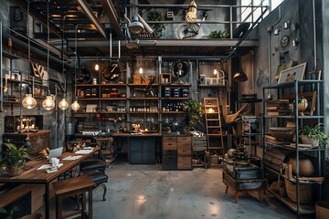 A spacious industrial-style loft interior with exposed brick, metal beams, and vintage furniture.