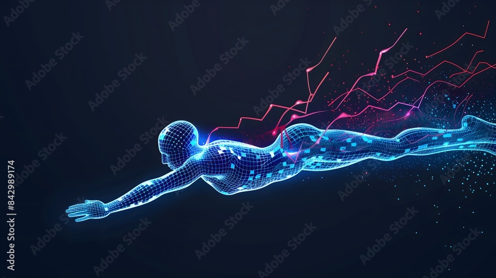 Canvas Prints futuristic blue and red runner silhouette, digital lights with dynamic trail effect on dark backgrou