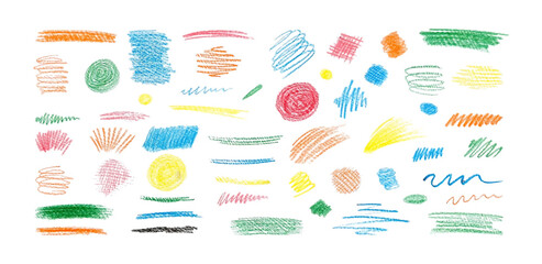 Collection  colorful charcoal brush strokes, wavy lines shapes.Hand drawn vector abstract shapes  lines drawn with pencil  bright colored charcoal.Circles, scribbles and strokes.