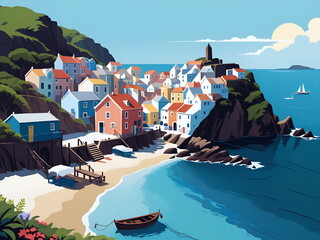 Beautiful seaside town with cliff, sea, beach