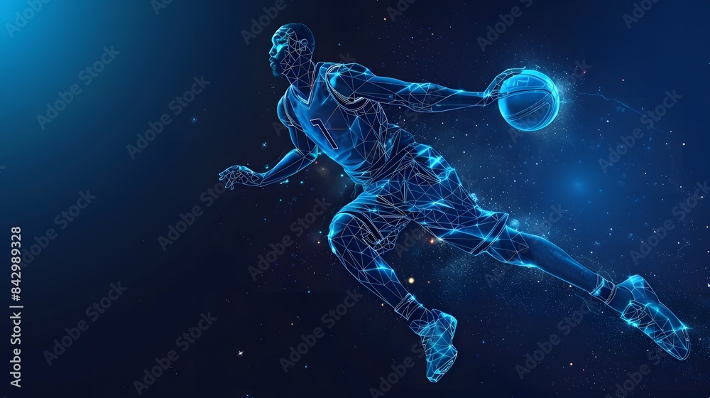 Wall mural digital basketball player in action, blue glowing lines and light nodes on dark background - Wall murals