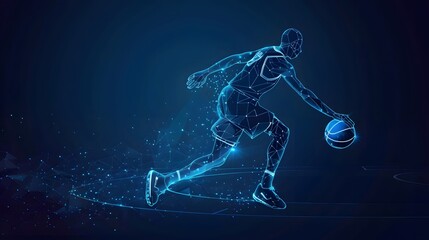 Digital basketball player in motion, omposed of blue glowing lines and light nodes on dark background