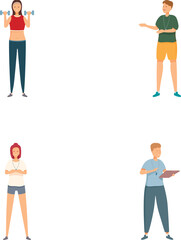 Obraz premium Vector illustrations of four individuals involved in various tasks, exercising, explaining, showing displeasure, and taking notes