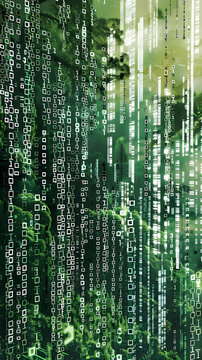 digital matrix of green and white binary code displaying technology innovation. generative ai