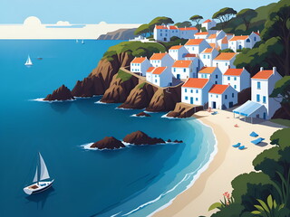 Naklejka premium Beautiful seaside town with cliff, sea, beach