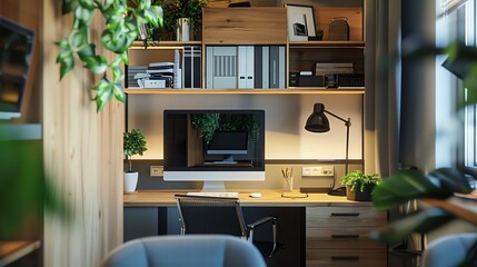 Modern home office with a wooden desk, shelves, and plants. A computer monitor, lamp, and chair are on the desk. Light streams in through the window.