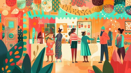 Entrepreneurs setting up a pop-up shop, lively and vibrant, Bohemian, Illustration, Warm hues