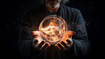 a person holds a burning ball in his hands, inside of which are energy-efficient technologies, generators, the concept of knowledge, light

