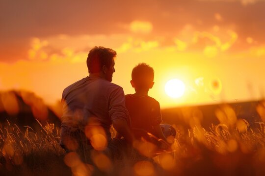 Father And Son Sitting On The Grass Watching The Sunset, Father's Day