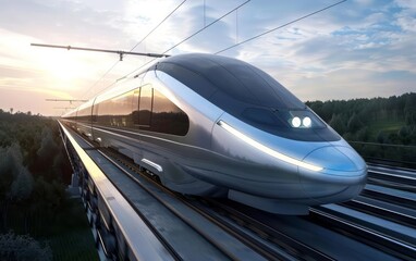 Obraz premium A highspeed rail transport system with sleek trains traveling through a futuristic countryside