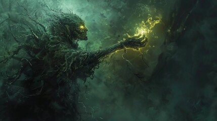 A hand, gnarled and withered, gripping a wand, its eyes burning with arcane knowledge, whispering a forgotten incantation