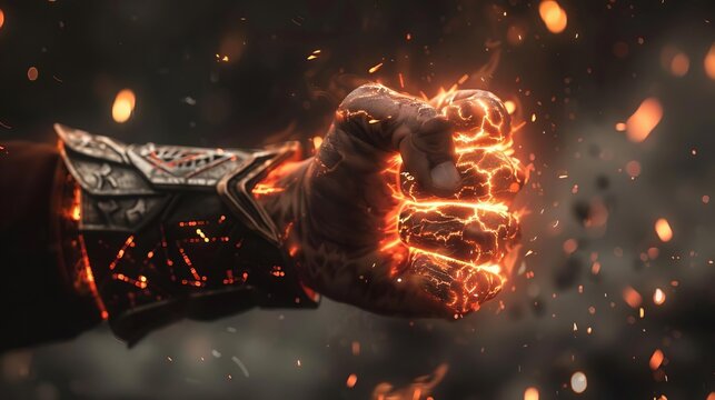 A fist, encased in a gauntlet of iron and arcane runes, knuckles glowing with fiery energy, ready to unleash destruction