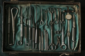 A set of sterile surgical instruments neatly arranged on a tray