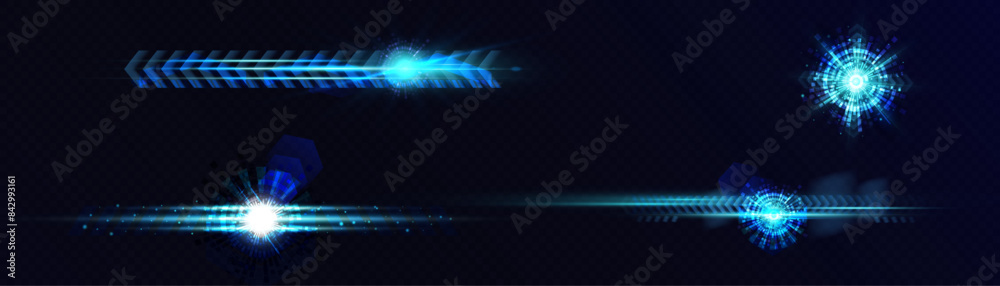 Aufkleber Set of abstract blue horizontal light effects of technological high speed light movement. Template for design and illustrations.