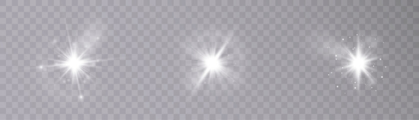 White glowing light explodes on a transparent background. Bright Star. Transparent shining sun, bright flash. Vector graphics.   © Valeriia