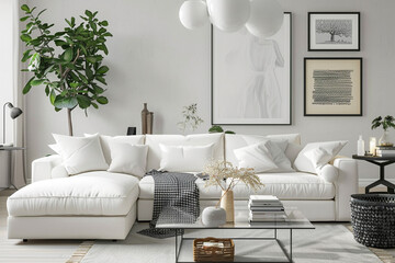 room interior with white sofa and white wall background