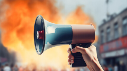 A man holds a megaphone in his hands against the background of fire and conflagration