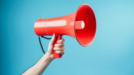 A man holds a megaphone in his hands 
