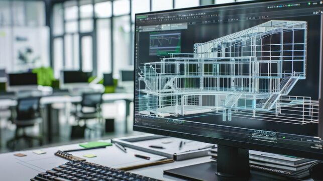 CAD software displaying a 3D model of a complex architectural project
