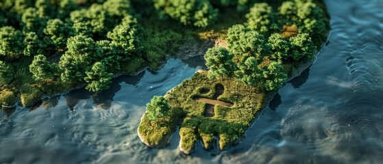 Carbon footprint represented by a shrinking footprint surrounded by trees and renewable energy sources