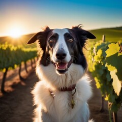 Fototapeta premium A cool Borzoi enjoying a picnic in a sundrenched vineyard with rows of grapevines and rolling hills