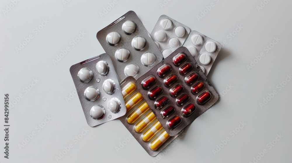 Poster Assorted medication in blister pack on white background health and medicine concept top view