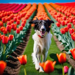 A cool Borzoi frolicking joyfully in a field of vibrant multicolored tulips under a bright blue sky