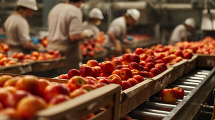 Create a high-quality, realistic photograph of staff packing apples into boxes on a conveyor line at a factory plant. The image should capture the workers' activities, the conveyor system