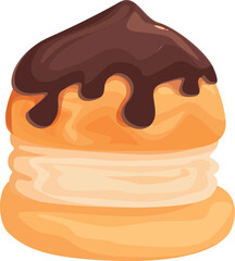 Delicious profiterole decorated with chocolate cream flowing down being served on white plate