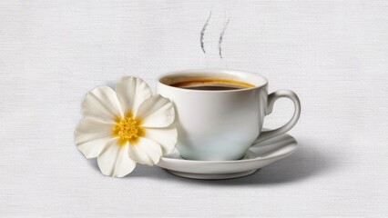 A white coffee cup with a steaming drink surrounded by a bright white flower. The pure white background on the canvas creates the perfect backdrop for a simple but elegant scene.