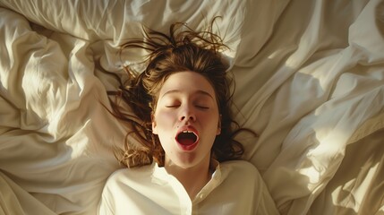 young woman in bed, close up, smiles, moans with pleasure, orgasm, sexual experience, masturbation, cunnilingus. Spa concept