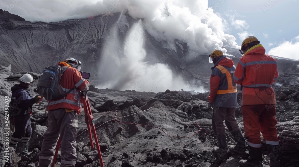 Wall mural footage of a team of scientists studying and monitoring a pyroclastic flow trying to understand its 
