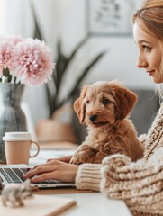 a woman is sitting at a desk with a dog on her lap