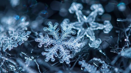 A frozen wonderland captured in the closeup view of tiny snowflakes taking shape in the chilly atmosphere.