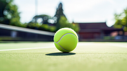 Tennis ball rests on grass court, backdrop to outdoor tournament with natural illumination.