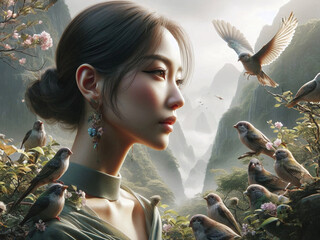 portrait of a woman with birds in nature