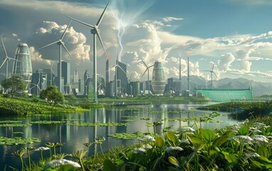 Obraz premium Sustainable energy visualized with ecofriendly power sources powering a futuristic city