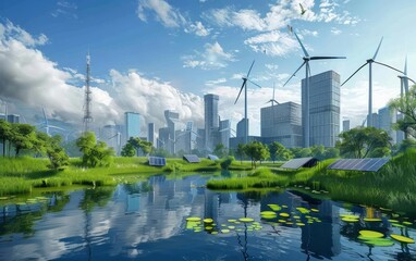 Sustainable energy visualized with ecofriendly power sources powering a futuristic city