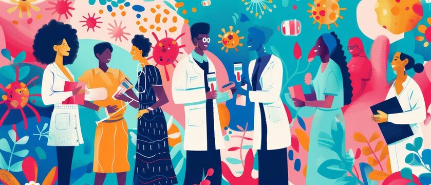 World Hepatitis Day illustrated by healthcare professionals providing vaccinations and educating the public on liver health - Powered by Adobe