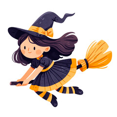 Halloween flying little witch. Girl kid in Halloween costume flies with black cat and pumpkin lantern. Isolated PNG